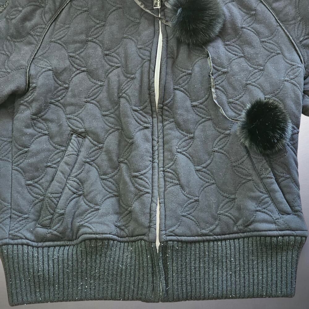 Bebe Sport Y2K Quilted Bomber Jacket Faux Fur Hood Pom Poms Black Womens Small - Picture 5 of 14